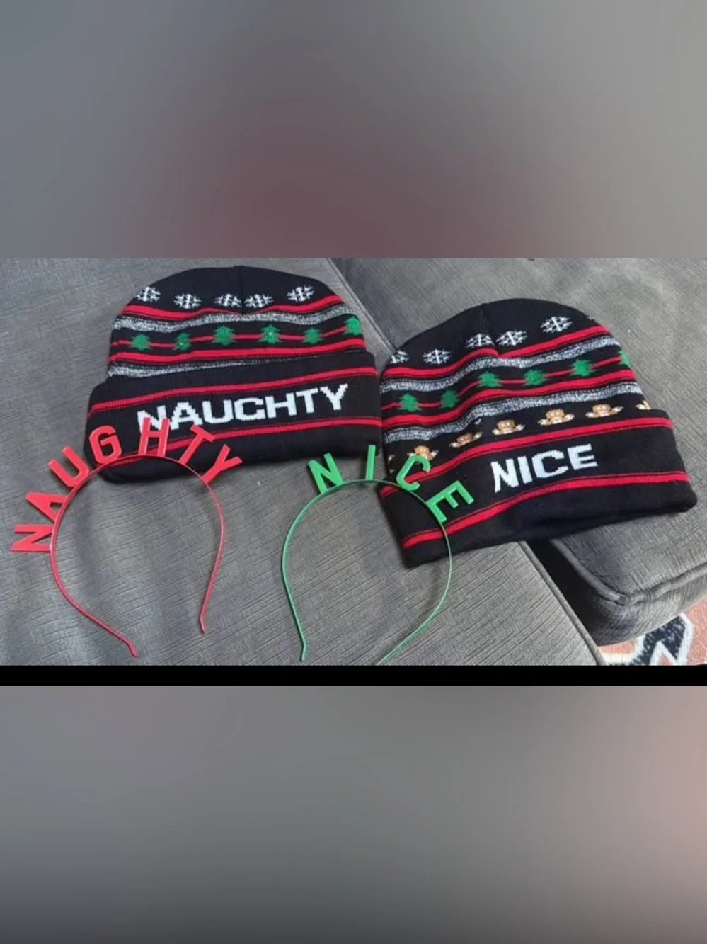 Naughty & Nice Kids Holiday Beanie Set - Black with Red & Green
